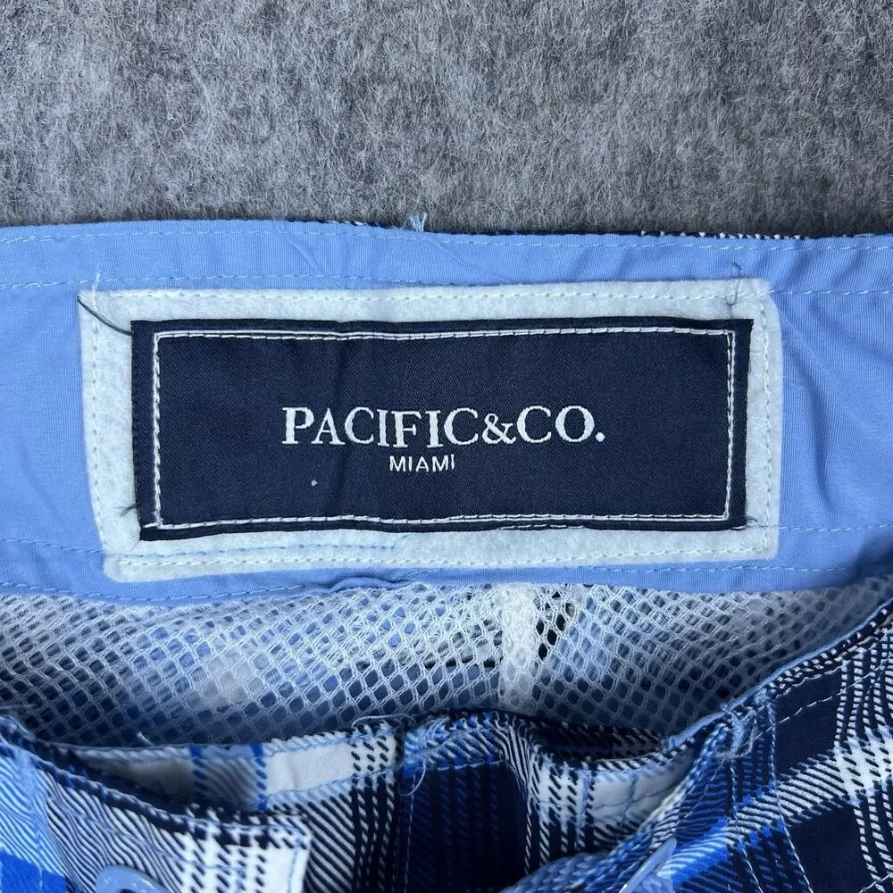 Pacific and Co Men's Swim Trunks Light Blue Black Plaid Board Shorts Size XL